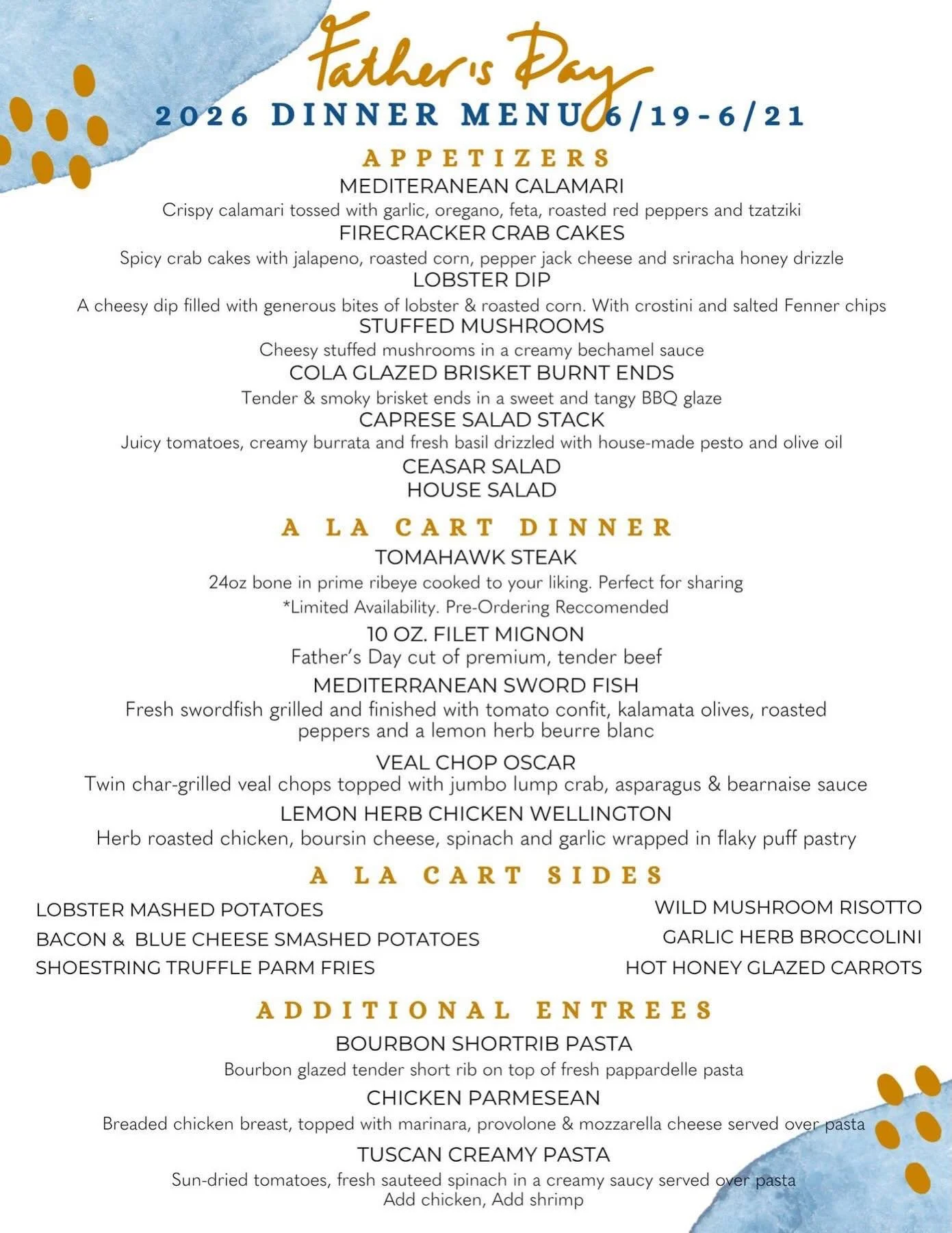 Father&rsquo;s Day Weekend Specials!
6/19-6/21

Father&rsquo;s Day is right around the corner and we&rsquo;re celebrating Dad all weekend long at Fenner! Come on down for dinner or lunch Friday, Saturday or Sunday and grab something off our delicious