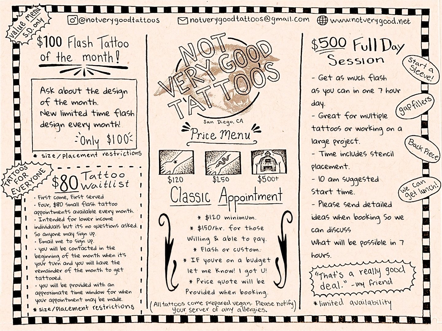 Not very good cafe menu 🍴

I want to offer some affordable flat rate options for anyone who is on a budget and wants tattoos by me. So here are 3 ideas I&rsquo;ve been cooking up to hopefully make my work more accesible.

Classic regular shmegular a