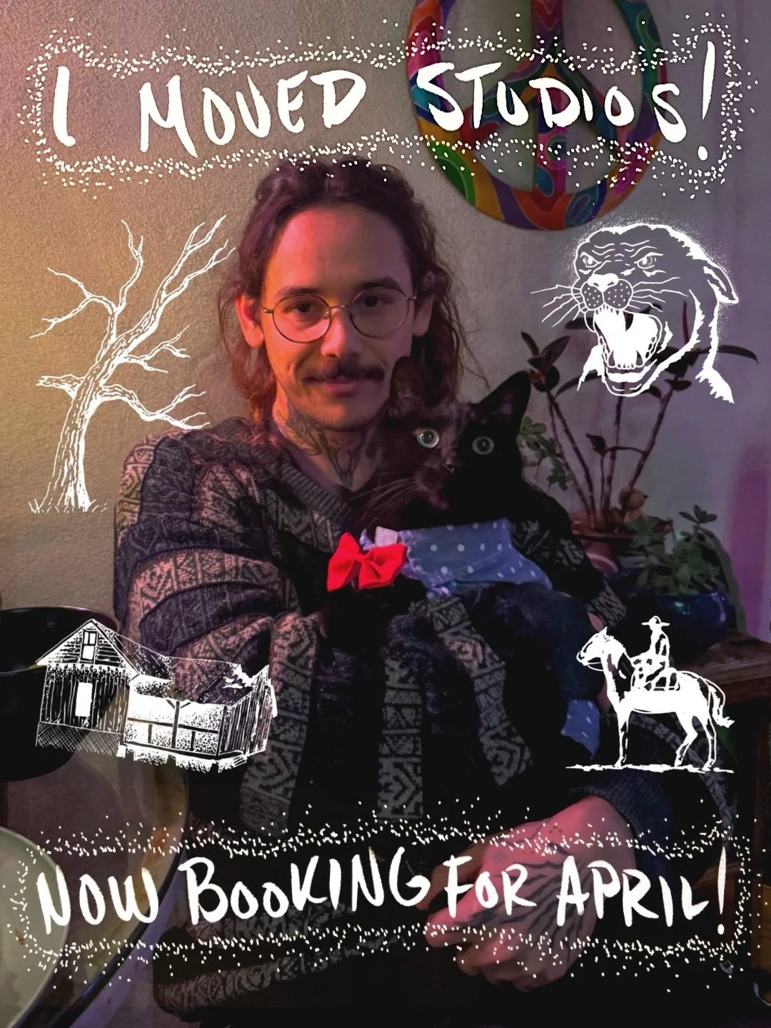 My assistant and I showing face to make an announcement. 🤟
I have moved studios! (Rip @pixleysplace tbf I was the only nice person who worked there but still sad to see her go) 
Good news tho! I have opened a private little studio with my arch enemy