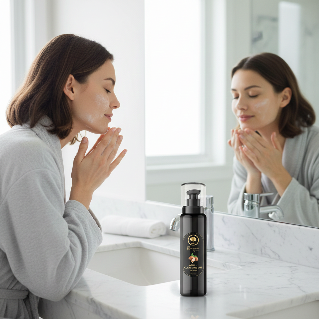 Renaissance-de-Beaute-~-Cleansing-Gel-with-Argan with model washing her face.png