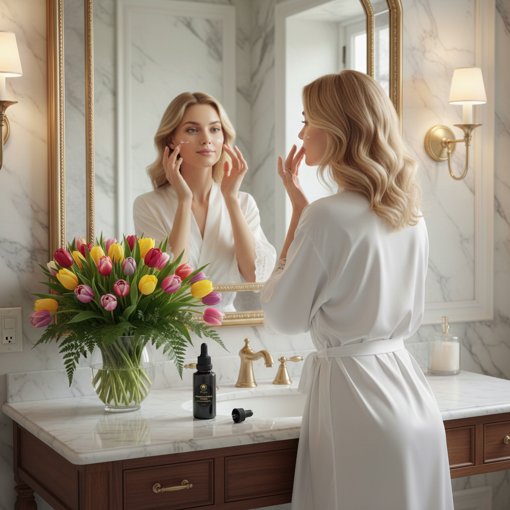 Renaissance-Premium-Facial-Serum---Hyaluronic-Acid-&-Vitamin-C blond model applying serum to skin 1.png