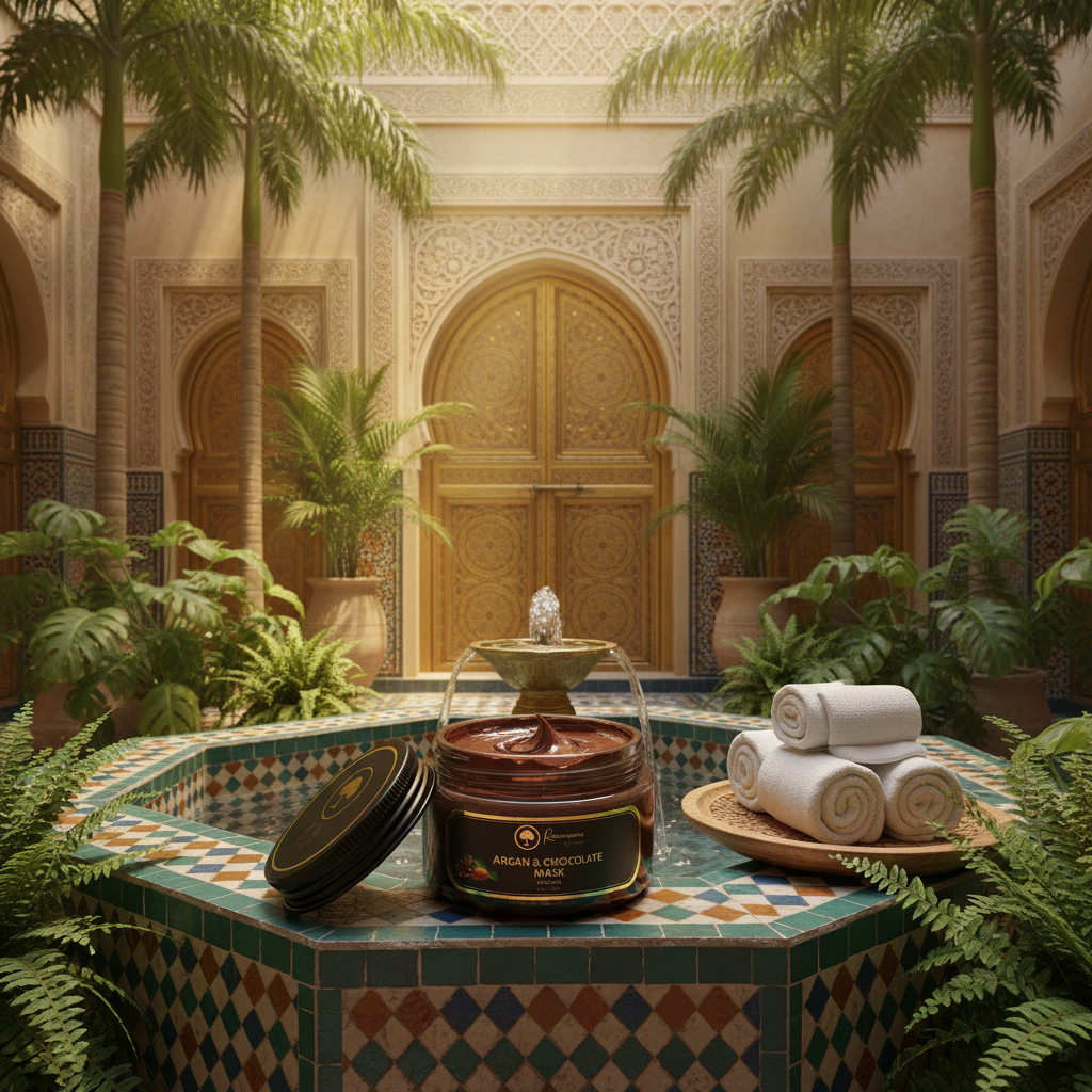 Argan-and-Chocolate-Mask sitting on a mosaic tiled fountain 1.png