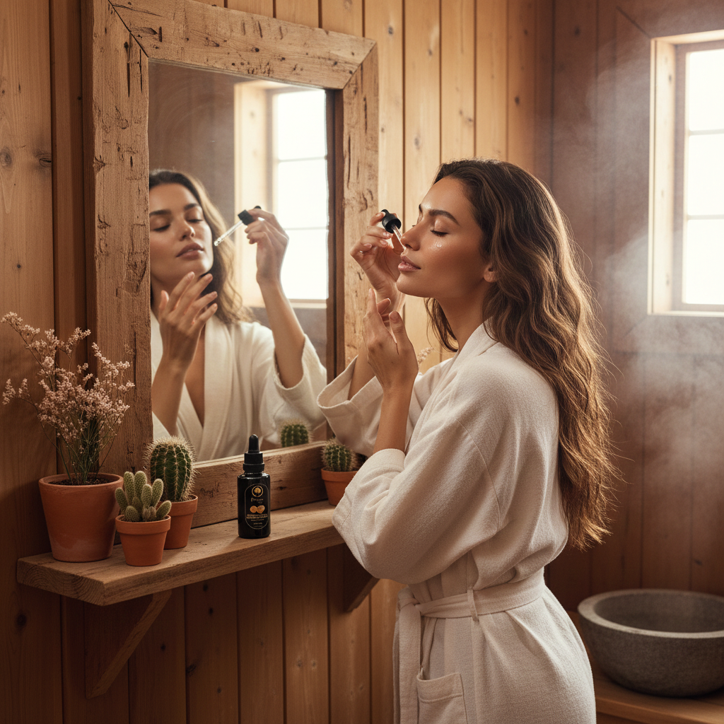 Premium-Prickly-Pear-Facial-Serum-1.05-Fl-oz-model applying the serum in the sauna.png