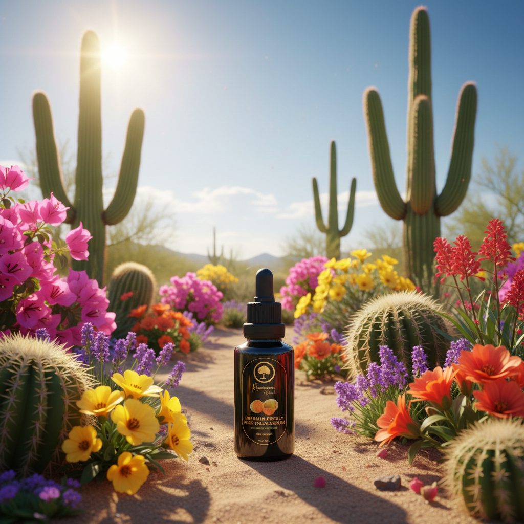 Premium-Prickly-Pear-Facial-Serum-1.05-Fl-oz outdoors surrounded by cactuses and flowers.png