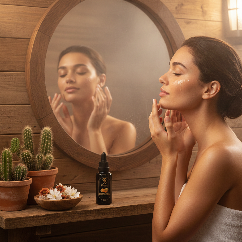 Premium-Prickly-Pear-Facial-Serum-1.05-Fl-oz-model applying the serum in the sauna 1.png