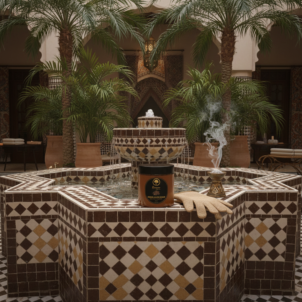 Renaissance-de-Beaute-~-Argan-Sugar-Scrub-with-Honey-&-Oud sitting on a fountain 1.png