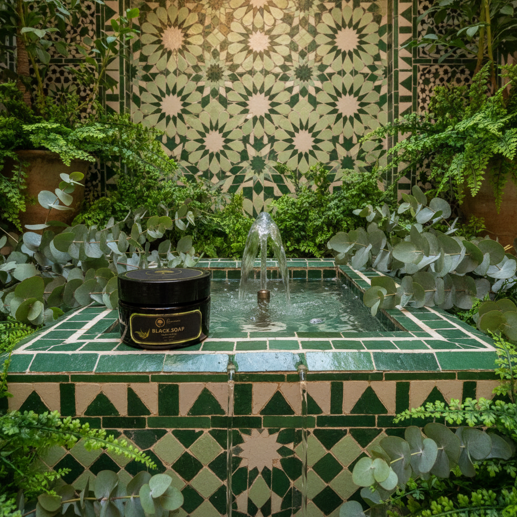 NEW!-Eucalyptus-Black-Soap-new-Essence-to-our-Black-soap in a moroccan tiled spa.png