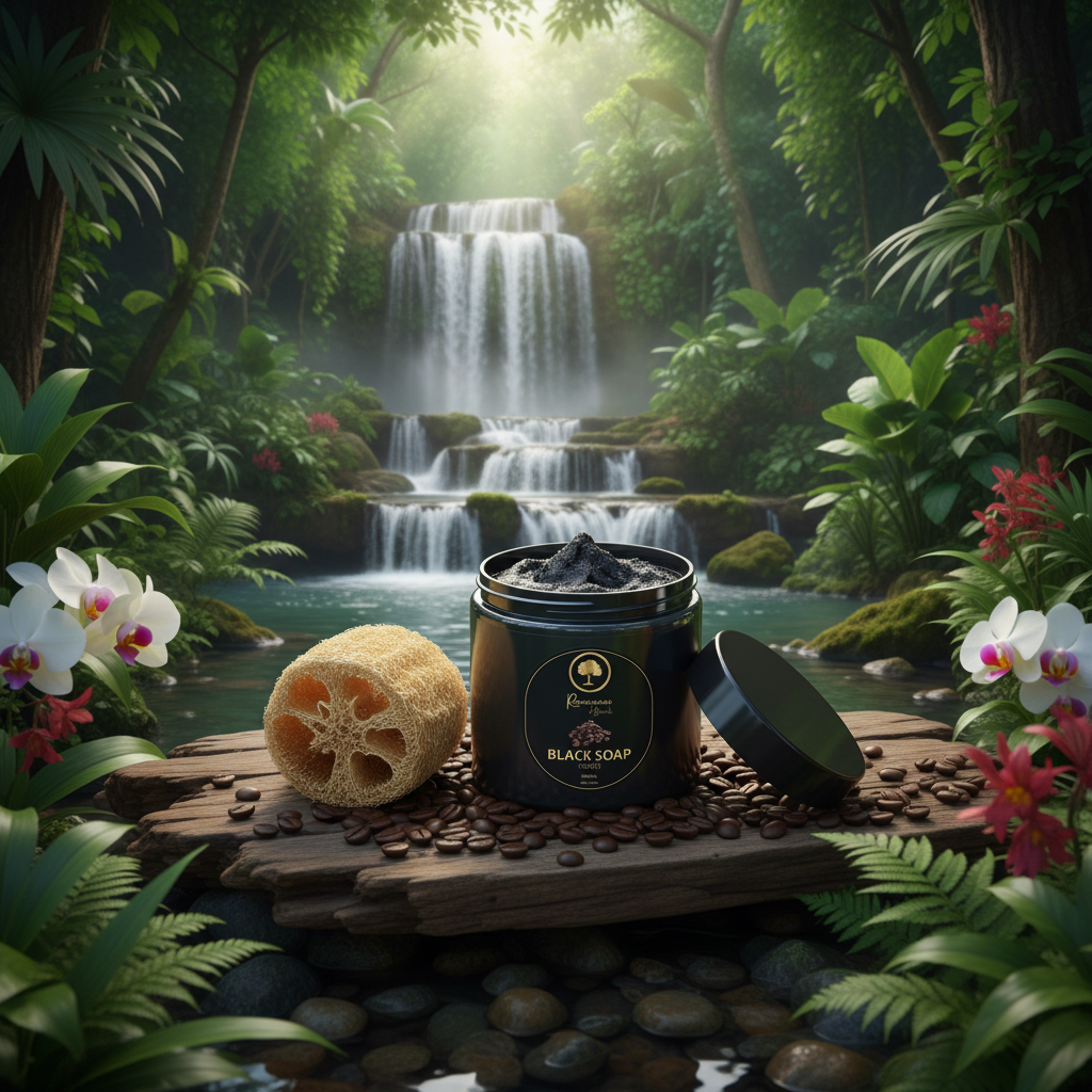 Coffee-Black-Soap-in tropical setting waterfall and loofah.png