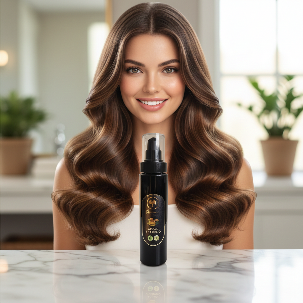 Argan-Shampoo-(6.76-Fl-oz) model with beautiful lustrous hair.png