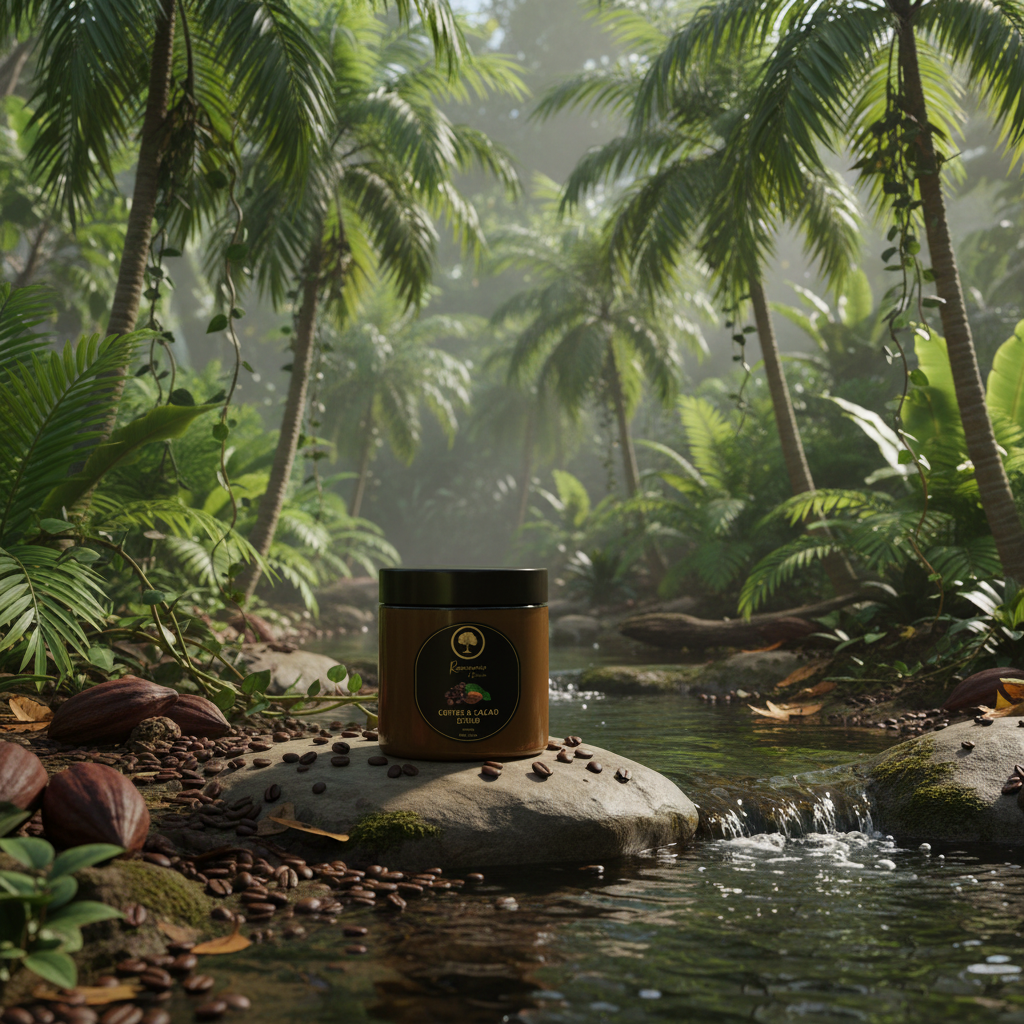 Scrub-with-Coffee,-Cacao-&-Argan-Oil in amazon surrounded by cacao and coffee beans 1.png