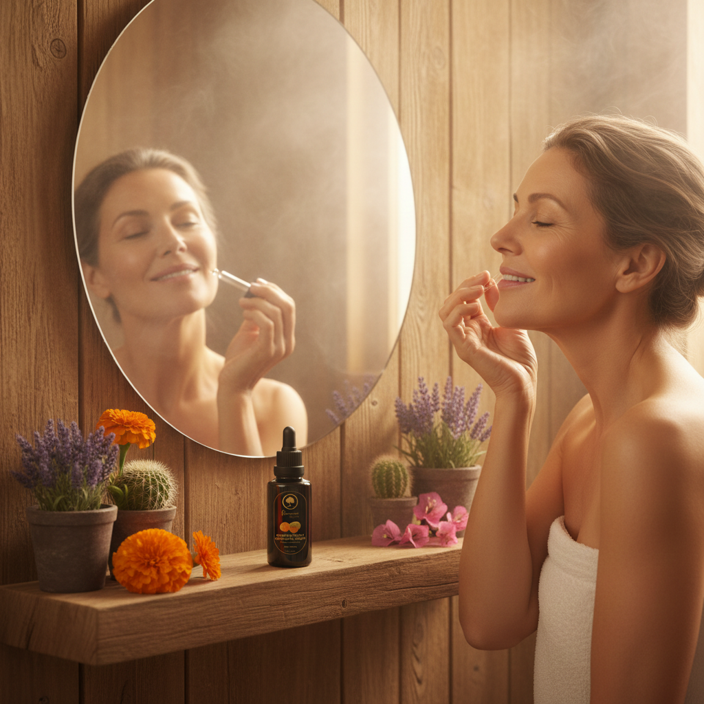Premium-Prickly-Pear-Facial-Serum-1.05-Fl-oz-mature model applying the serum in the sauna 3.png
