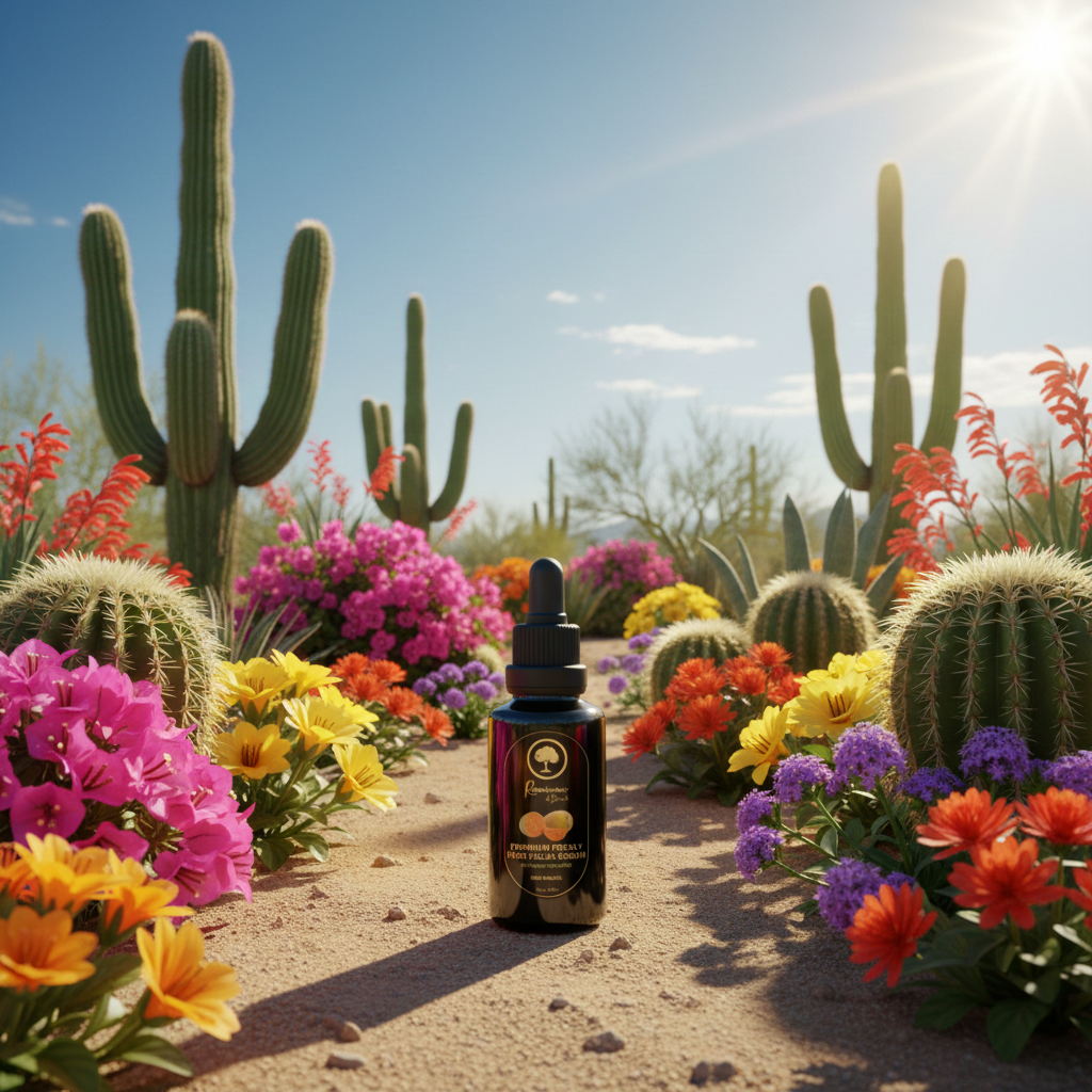 Premium-Prickly-Pear-Facial-Serum-1.05-Fl-oz outdoors surrounded by cactuses and flowers.png 1.png
