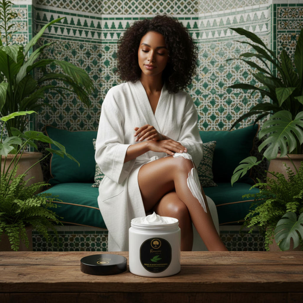 Renaissance-de-Beaute-~-Verbena-&-Shea-Butter-Facial-&-Body-Moisturizer-model applying cream to arm and legs.png