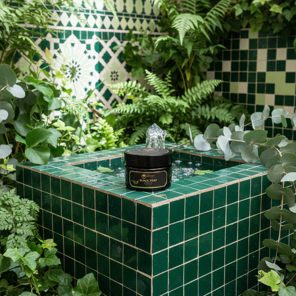 NEW!-Eucalyptus-Black-Soap-new-Essence-to-our-Black-soap in a moroccan tiled spa 1.png