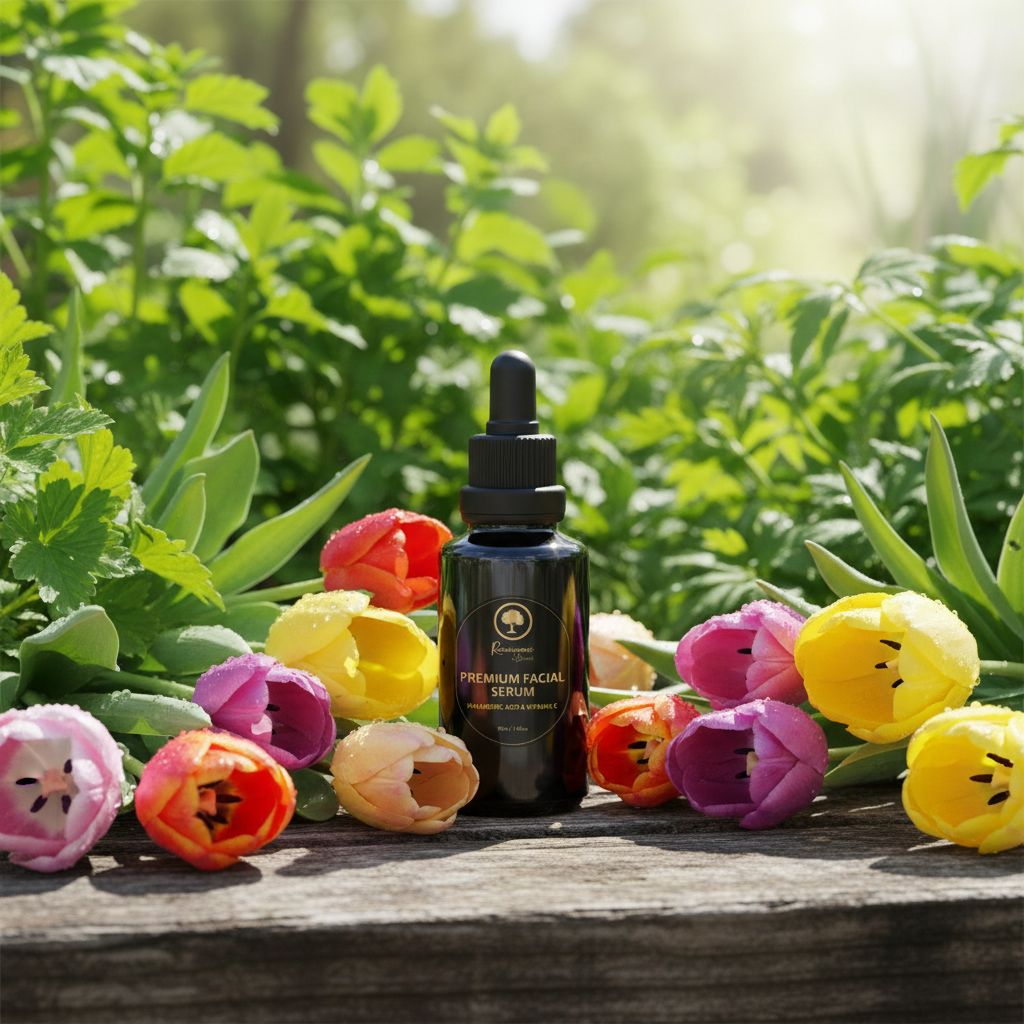 Renaissance-Premium-Facial-Serum---Hyaluronic-Acid-&-Vitamin-C-outdoors surrounded by tulips.png