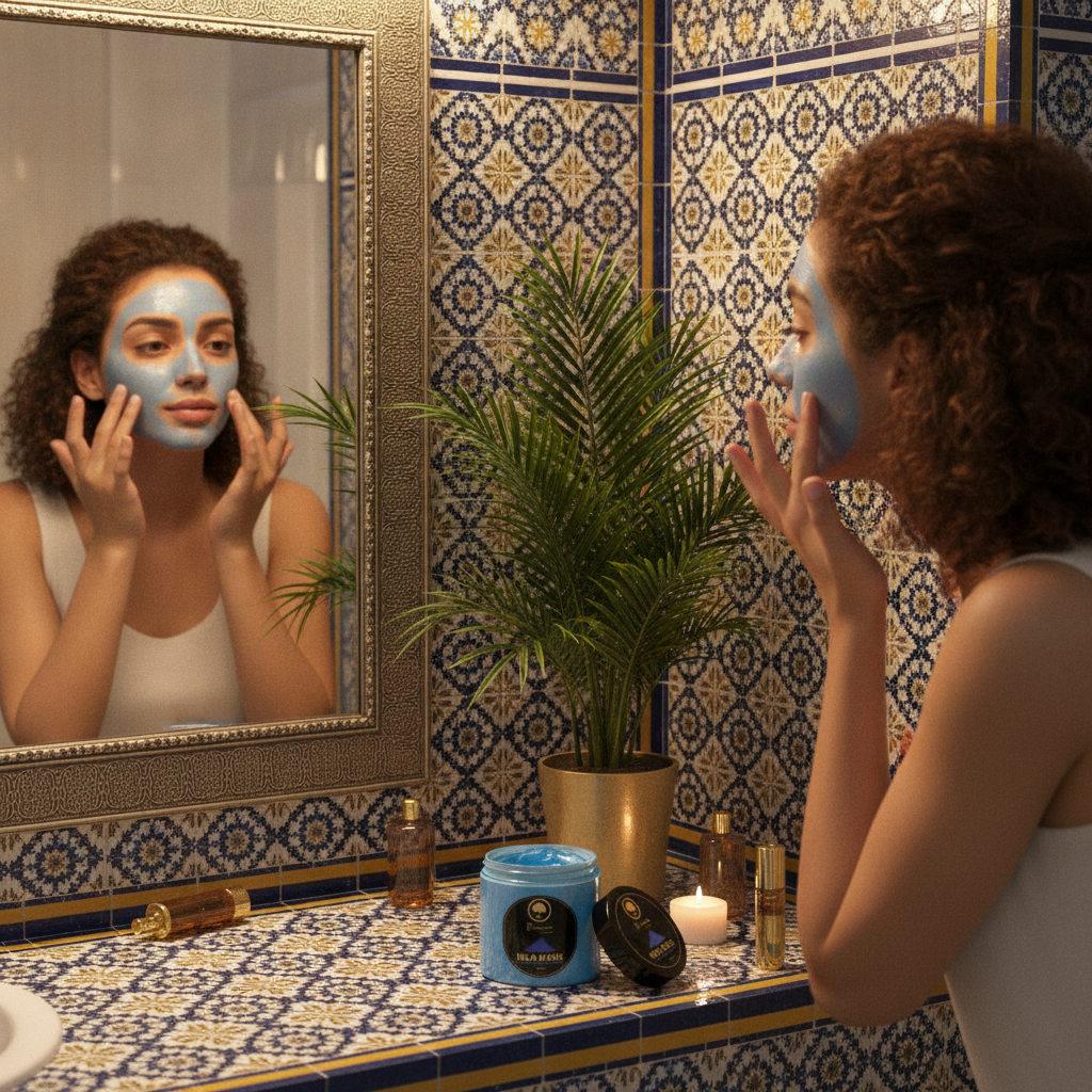 Renaissance-de-Beaute-~-Nila-Brightening-&-Nourishing-Mask-applying in bathroom 1.png