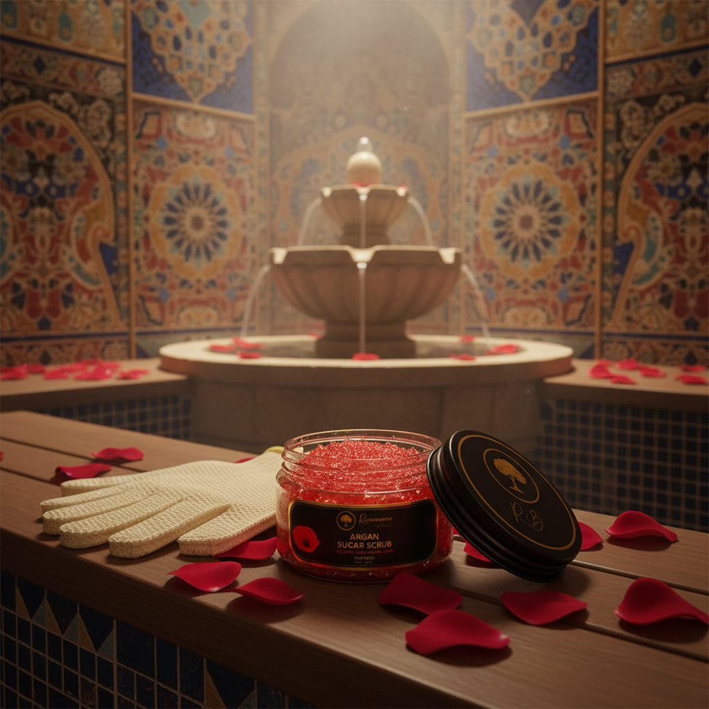 Renaissance-de-Beaute-~-Argan-Sugar-Scrub-with-Aker-Fassi in a Hammam and fountain and glove 2.png
