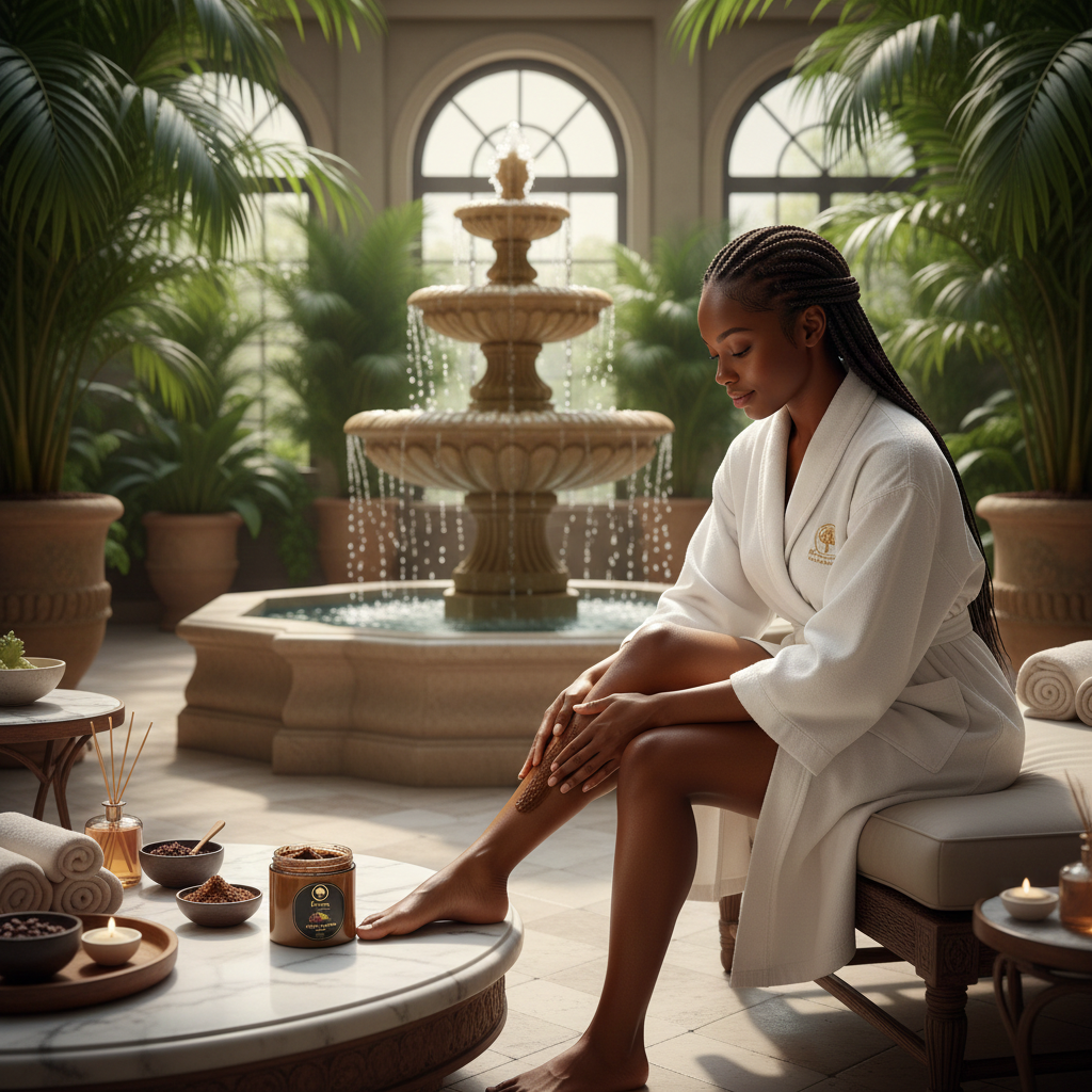 Scrub-with-Coffee,-Cacao-&-Argan-Oil-model applying scrub on her legs in spa.png