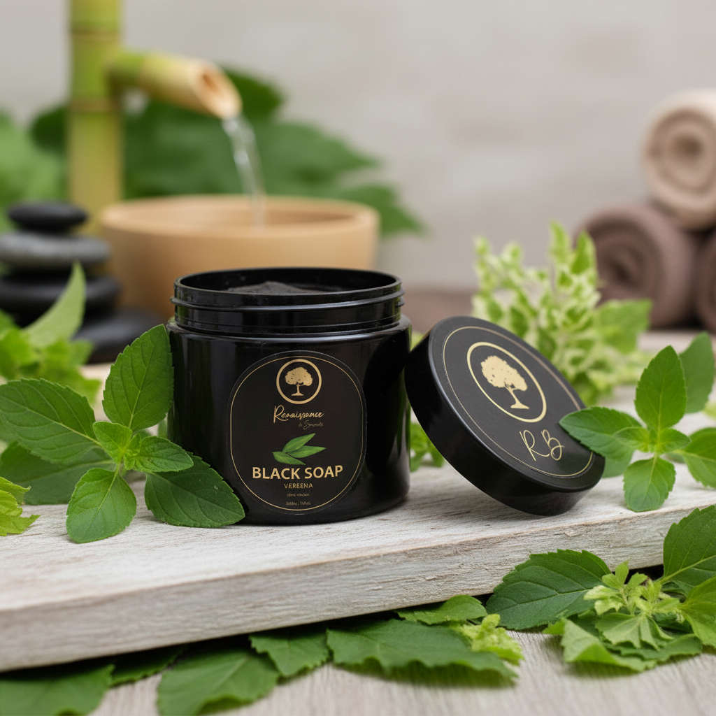 Renaissance-de-Beaute-~-Verbena-Black-Soap-Deep-Skin-Detox with greenery.png