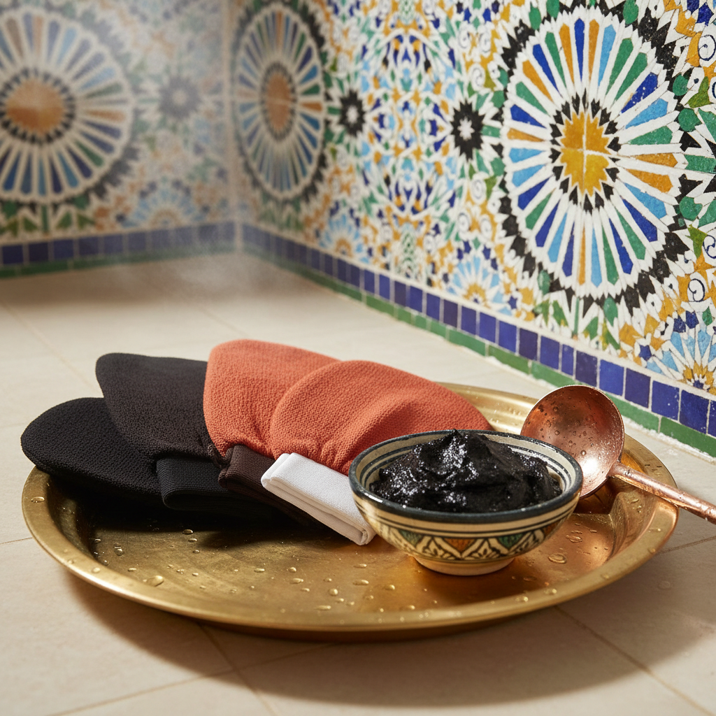 Traditional-Hammam-Exfoliating-Glove-for-Black-Soaps-&-Scrubs with Black soap in hammam.png