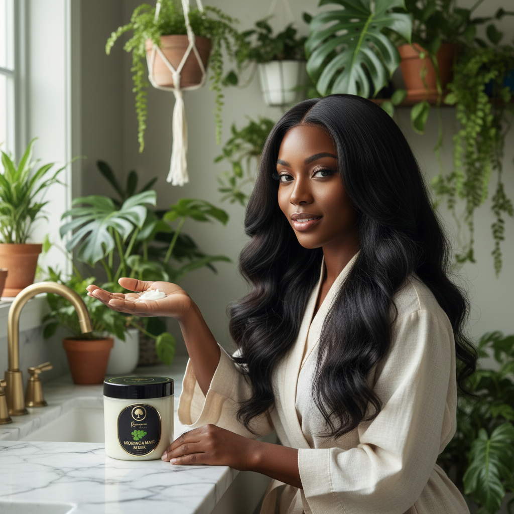 Moringa-Hair-Mask-for-Deep-Hydration,-Hair-Loss-black haired model 1.png