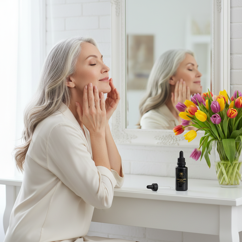 Renaissance-Premium-Facial-Serum---Hyaluronic-Acid-&-Vitamin-C mature model applying serum to skin 1.png