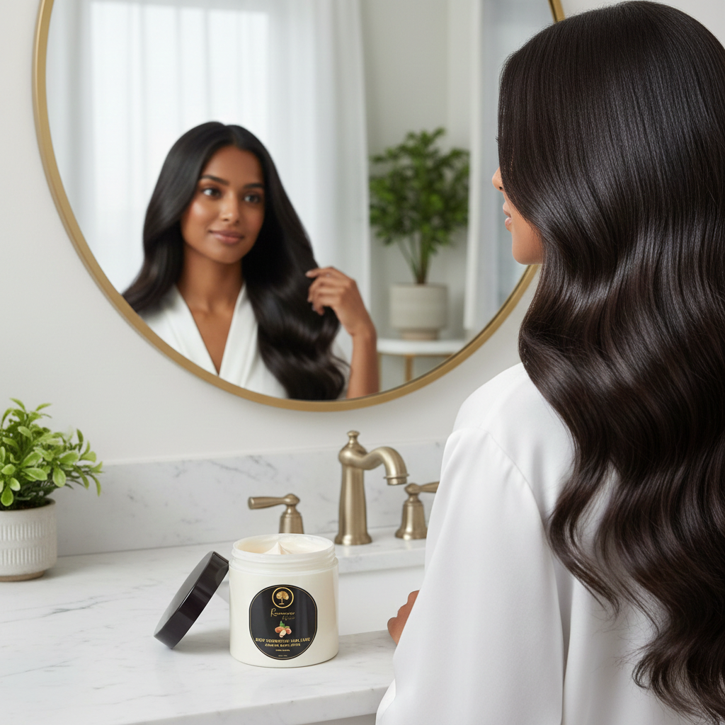Renaissance-de-Beaute-Deep-Hydration-Hair-Care-~-Argan-Oil-&-Shea-Butter-admiring her hair in the mirror.png