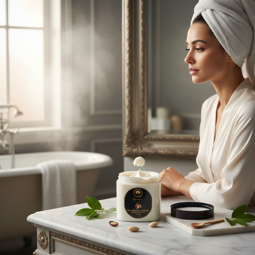 Renaissance-de-Beaute-Deep-Hydration-Hair-Care-~-Argan-Oil-&-Shea-Butter model with a turban.png