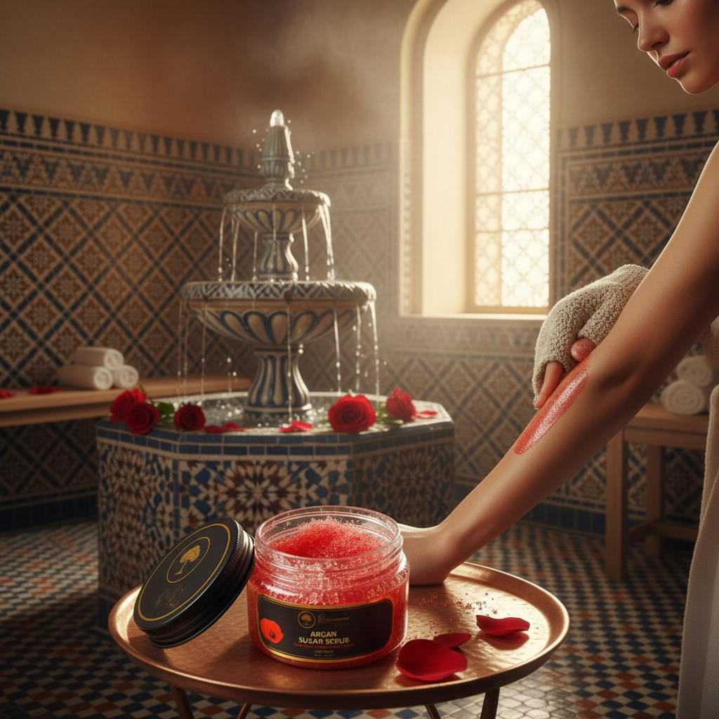 Renaissance-de-Beaute-~-Argan-Sugar-Scrub-with-Aker-Fassi with model in hammam with roses.png