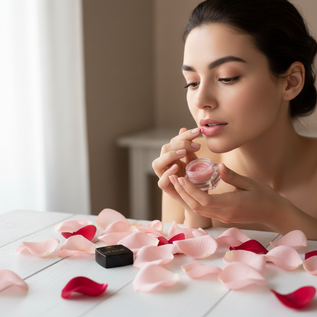 Aker-Fassi-Hydrating-Lip-Balm-brunette applying lip balm.png