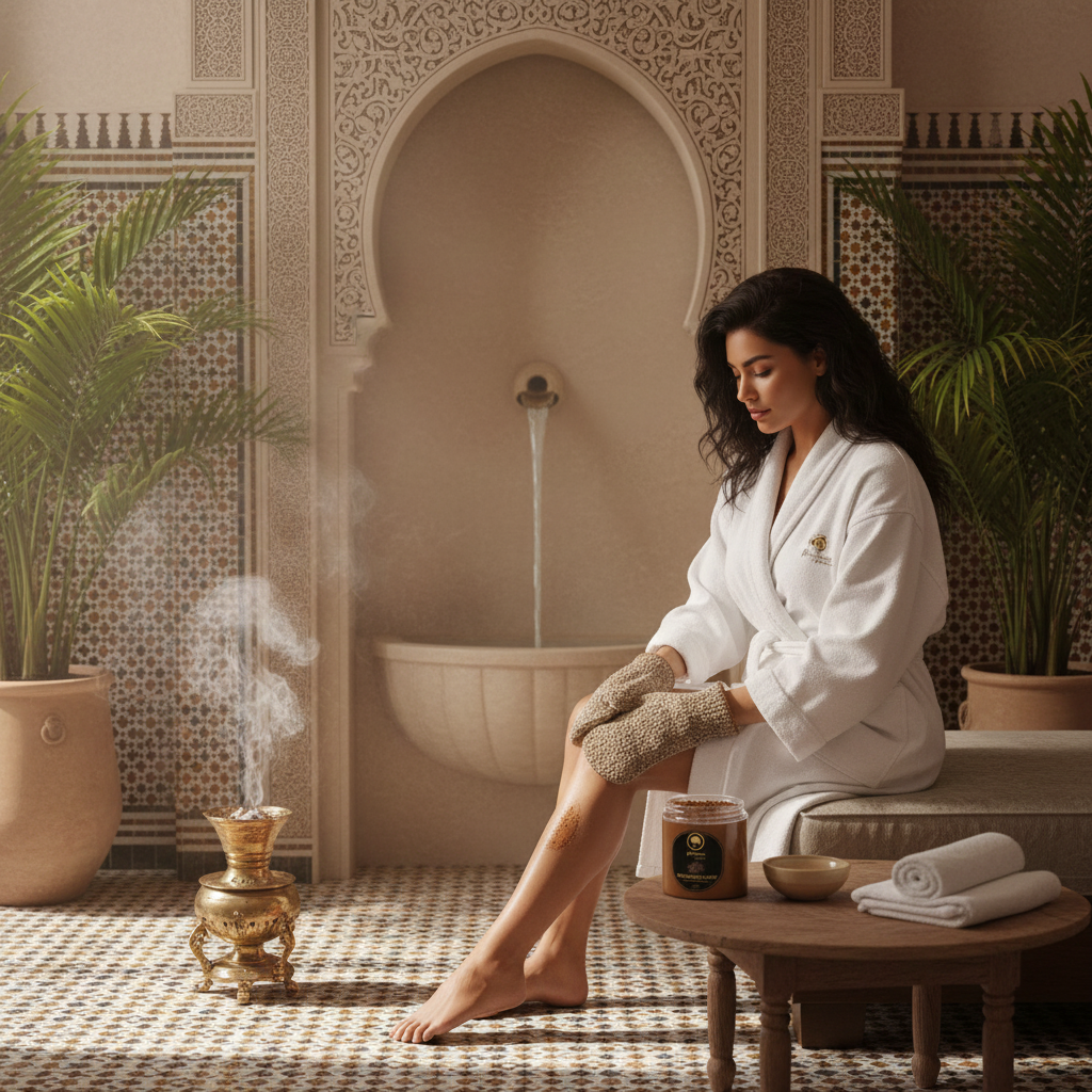 Renaissance-de-Beaute-~-Argan-Sugar-Scrub-with-Honey-&-Oud model in hammam using scrub on legs.png