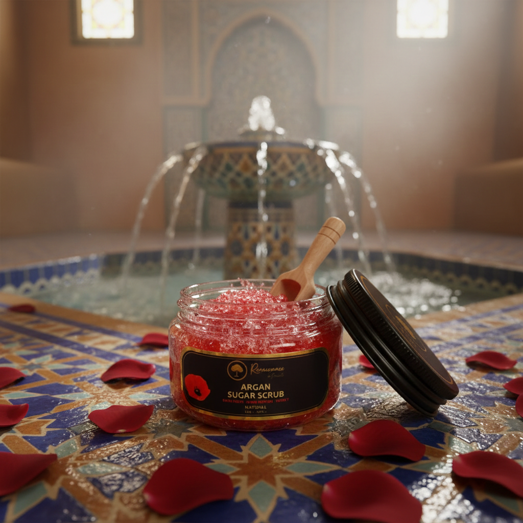 Renaissance-de-Beaute-~-Argan-Sugar-Scrub-with-Aker-Fassi streaming fountan and rose petals.png