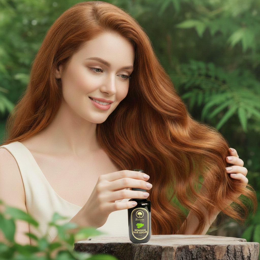 Moringa Serum Auburn hair Model in a forest.png
