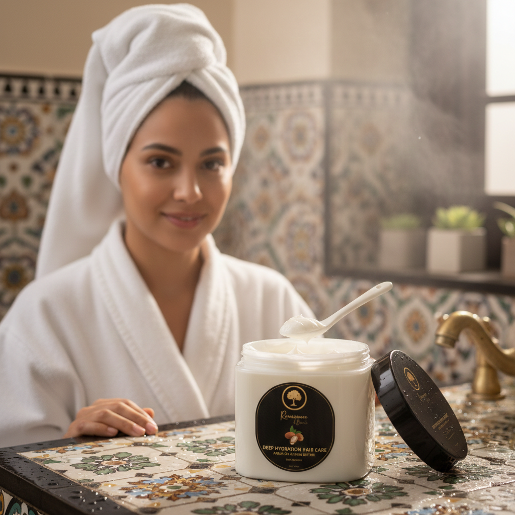 Renaissance-de-Beaute-Deep-Hydration-Hair-Care-~-Argan-Oil-&-Shea-Butter-model in moroccan bathroom in turban.png