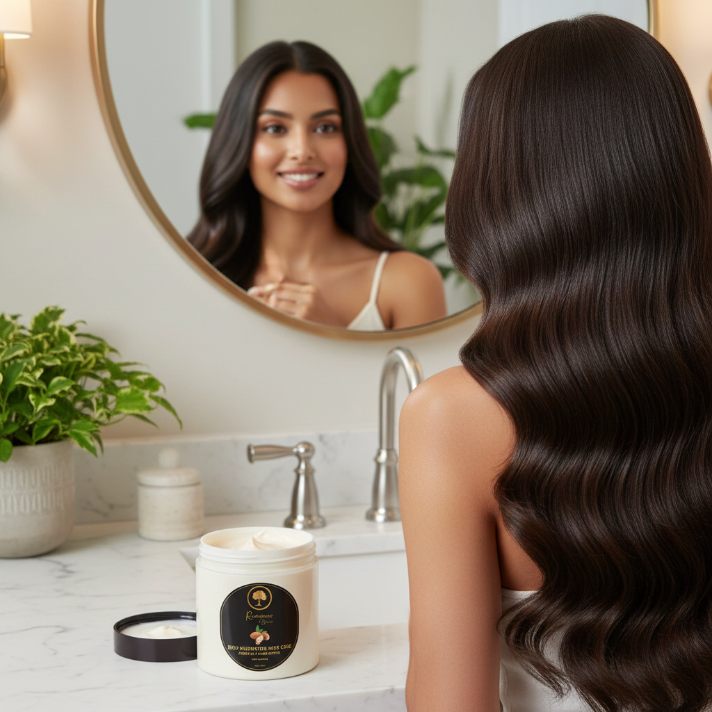 Renaissance-de-Beaute-Deep-Hydration-Hair-Care-~-Argan-Oil-&-Shea-Butter model admiring her hair in the mirror.png