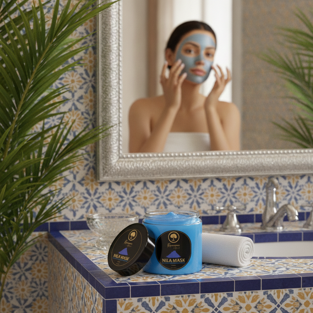 Renaissance-de-Beaute-~-Nila-Brightening-&-Nourishing-Mask model applying in bathroom.png