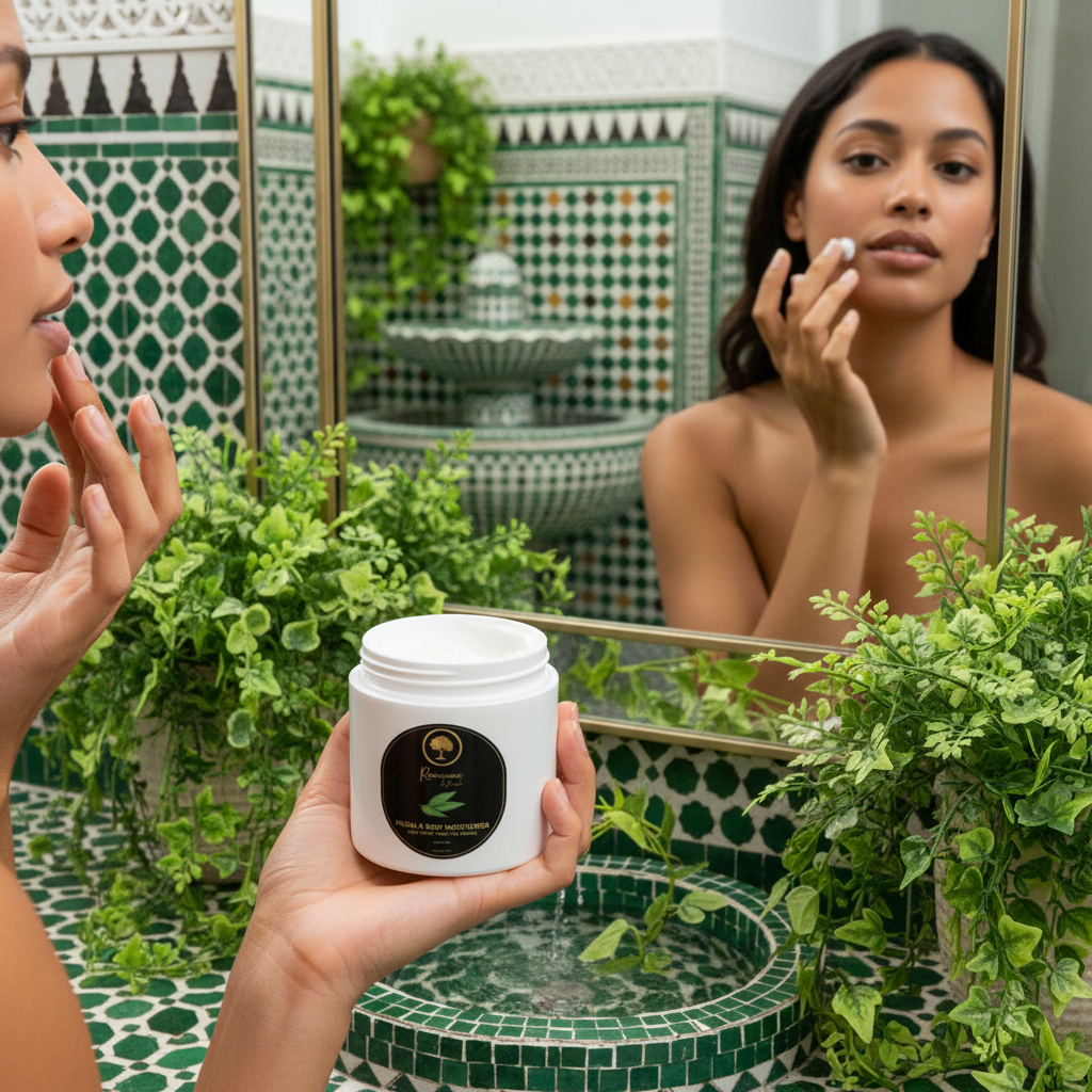 Renaissance-de-Beaute-~-Verbena-&-Shea-Butter-Facial-&-Body-Moisturizer model applying cream in front of mirror.png