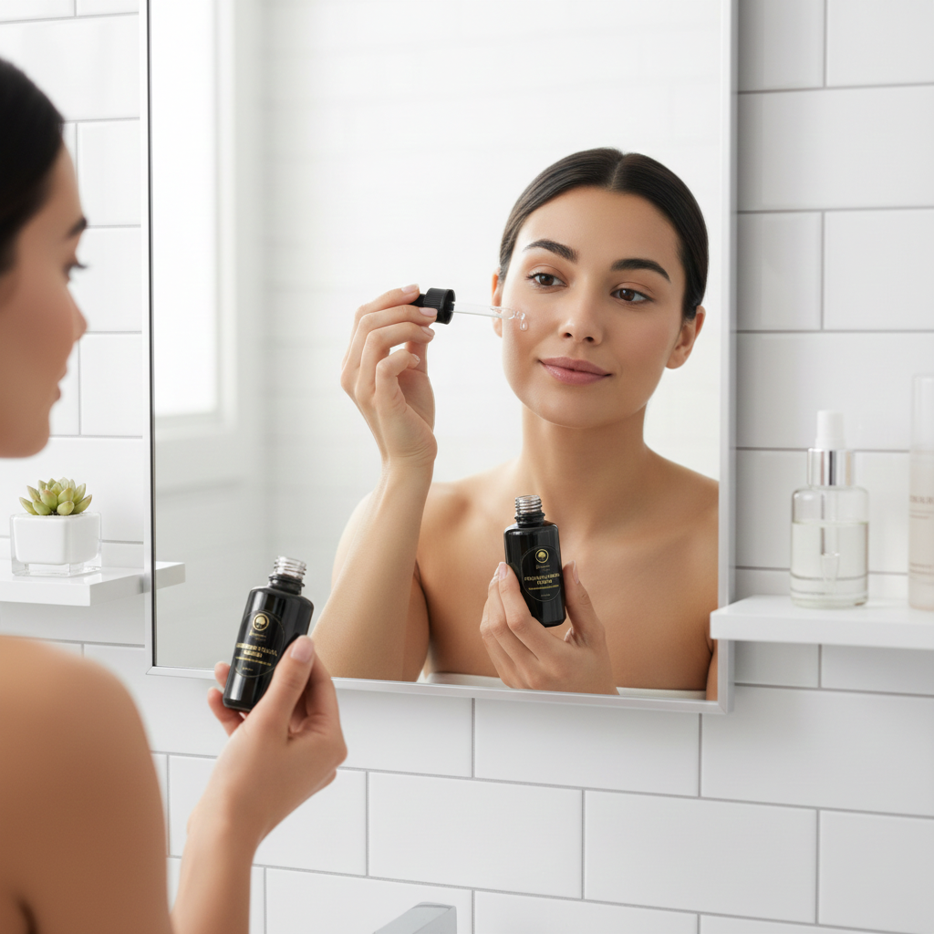 Renaissance-Premium-Facial-Serum---Hyaluronic-Acid-&-Vitamin-C model applying serum to skin.png