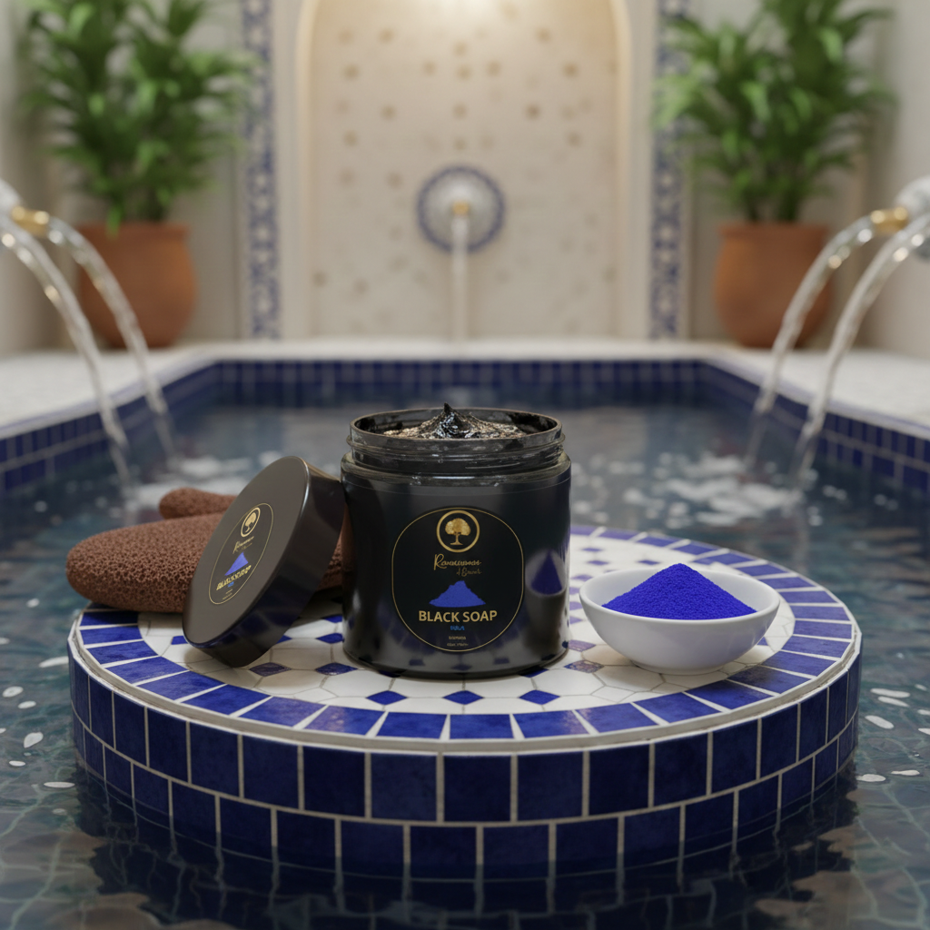 Renaissance-de-Beaute-~-Nila-Black-Soap open jar in a hammam on a fountain 2.png