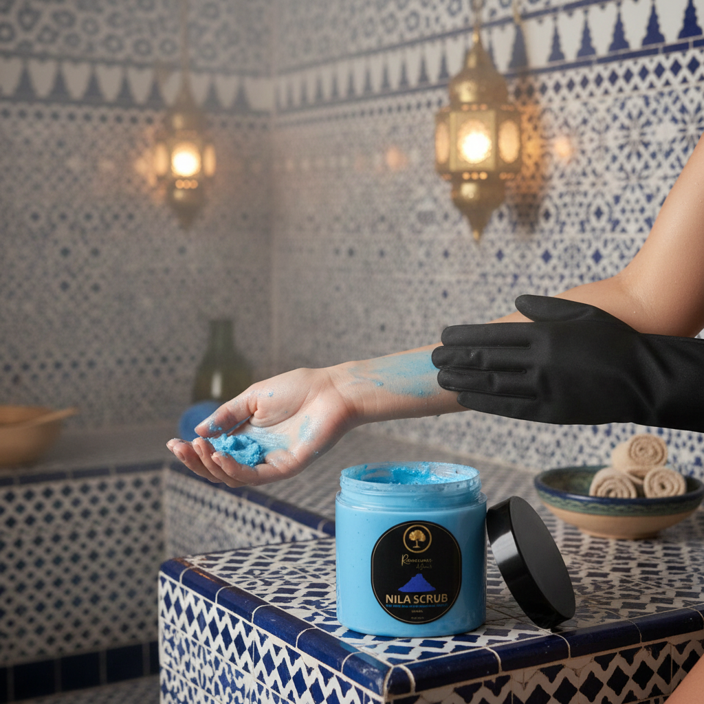 Renaissance-de-Beaute-Nila-Scrub-with-Argan-Shell-Powder applying scrub.png