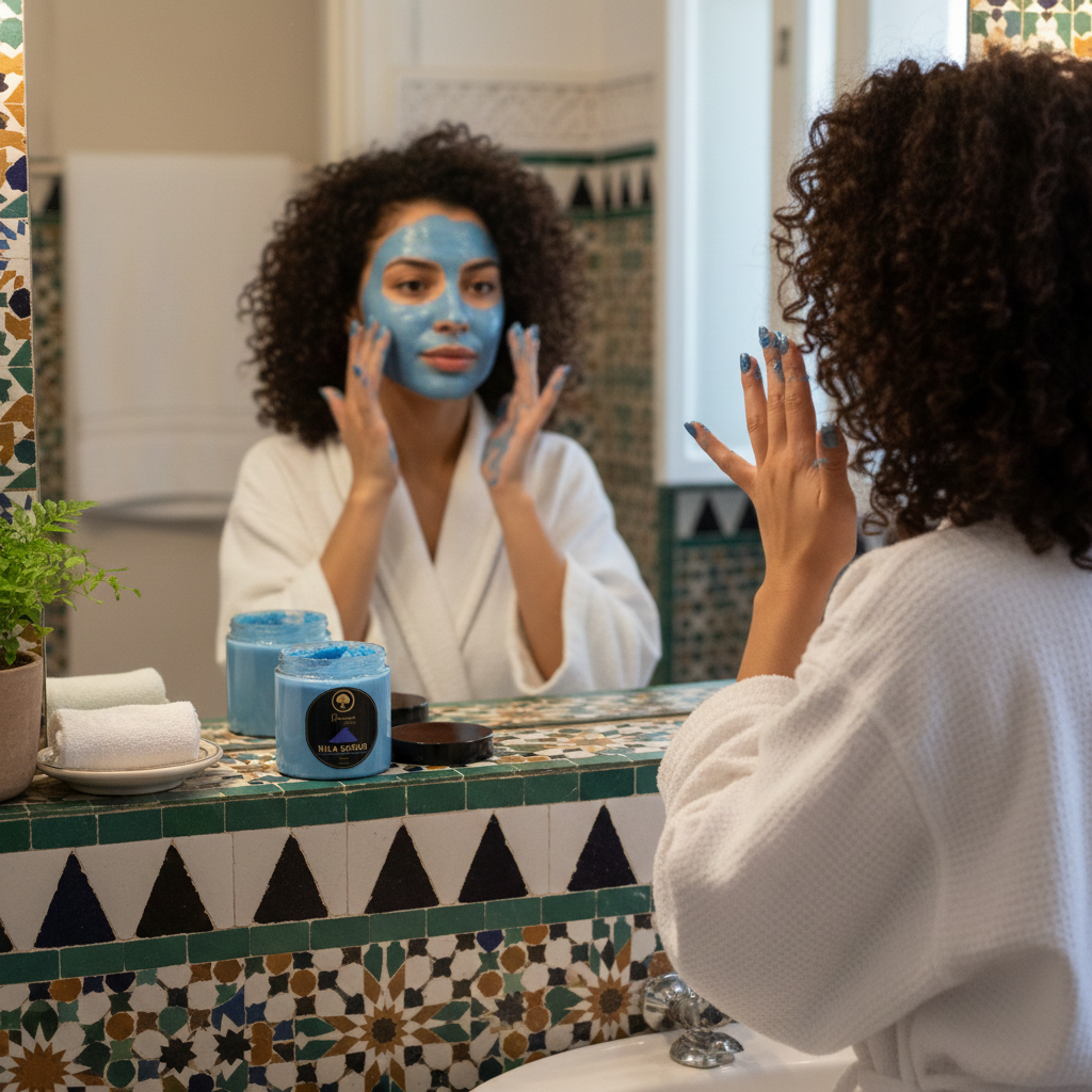 Renaissance-de-Beaute-Nila-Scrub-with-Argan-Shell-Powder model applying scrub to face 2.png