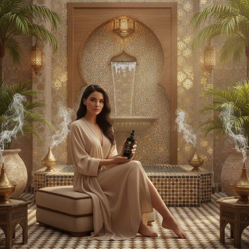 Royal-Oil-with-Oud-model holding bottle of oud in hammam 1.png