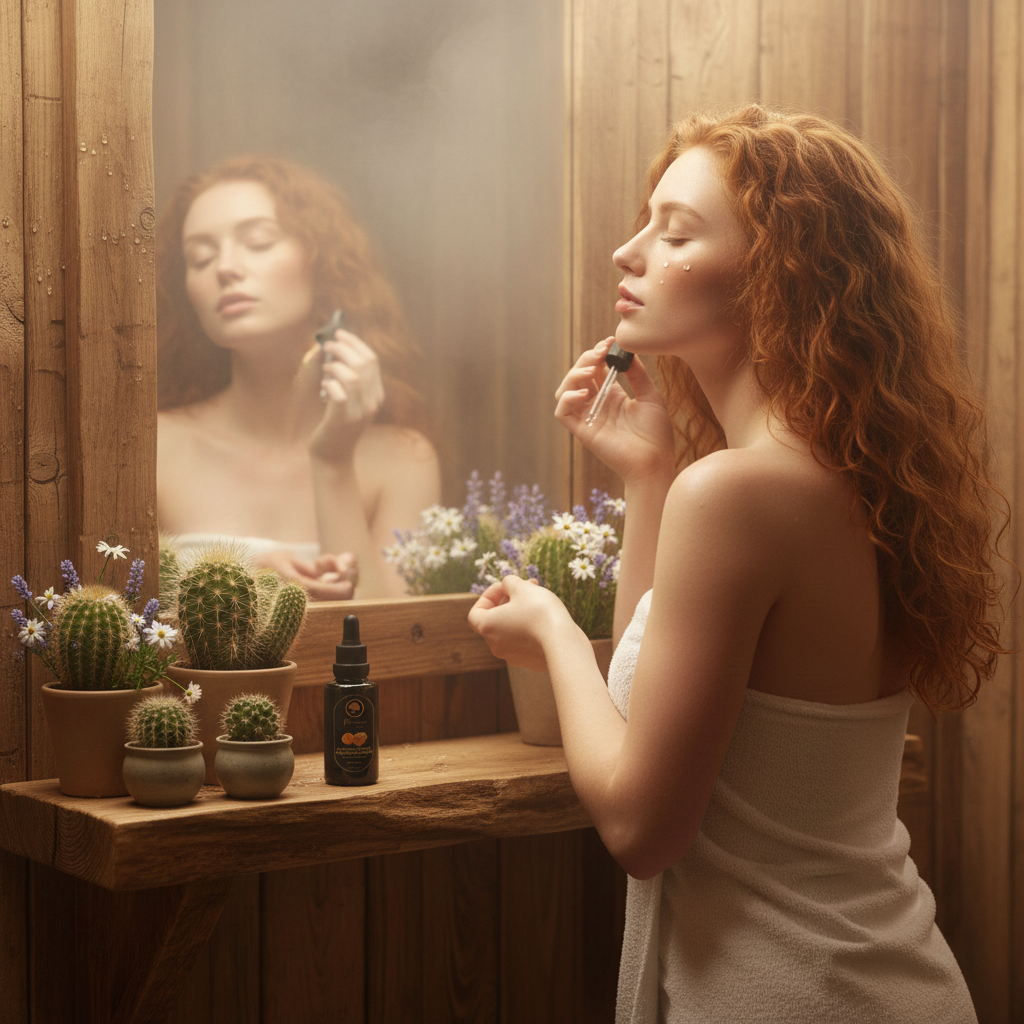 Premium-Prickly-Pear-Facial-Serum-1.05-Fl-oz-red-haired model applying the serum in the sauna.png