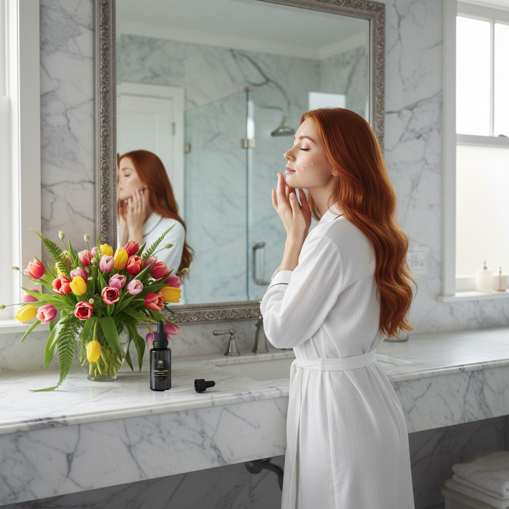 Renaissance-Premium-Facial-Serum---Hyaluronic-Acid-&-Vitamin-C red-haired model applying serum to skin 1.png