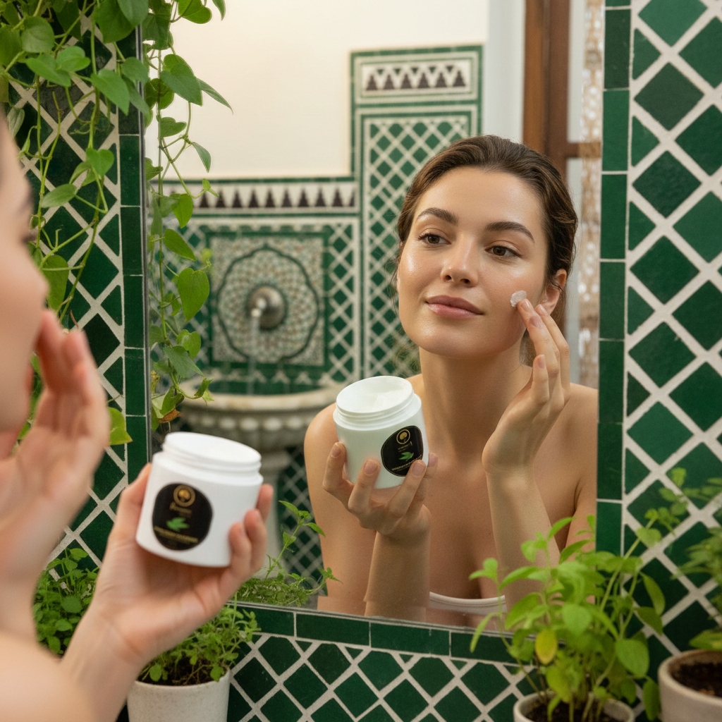 Renaissance-de-Beaute-~-Verbena-&-Shea-Butter-Facial-&-Body-Moisturizer-model applying cream in front of mirror.png