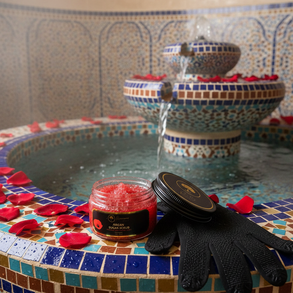Renaissance-de-Beaute-~-Argan-Sugar-Scrub-with-Aker-Fassi in a Hammam and fountain and glove.png