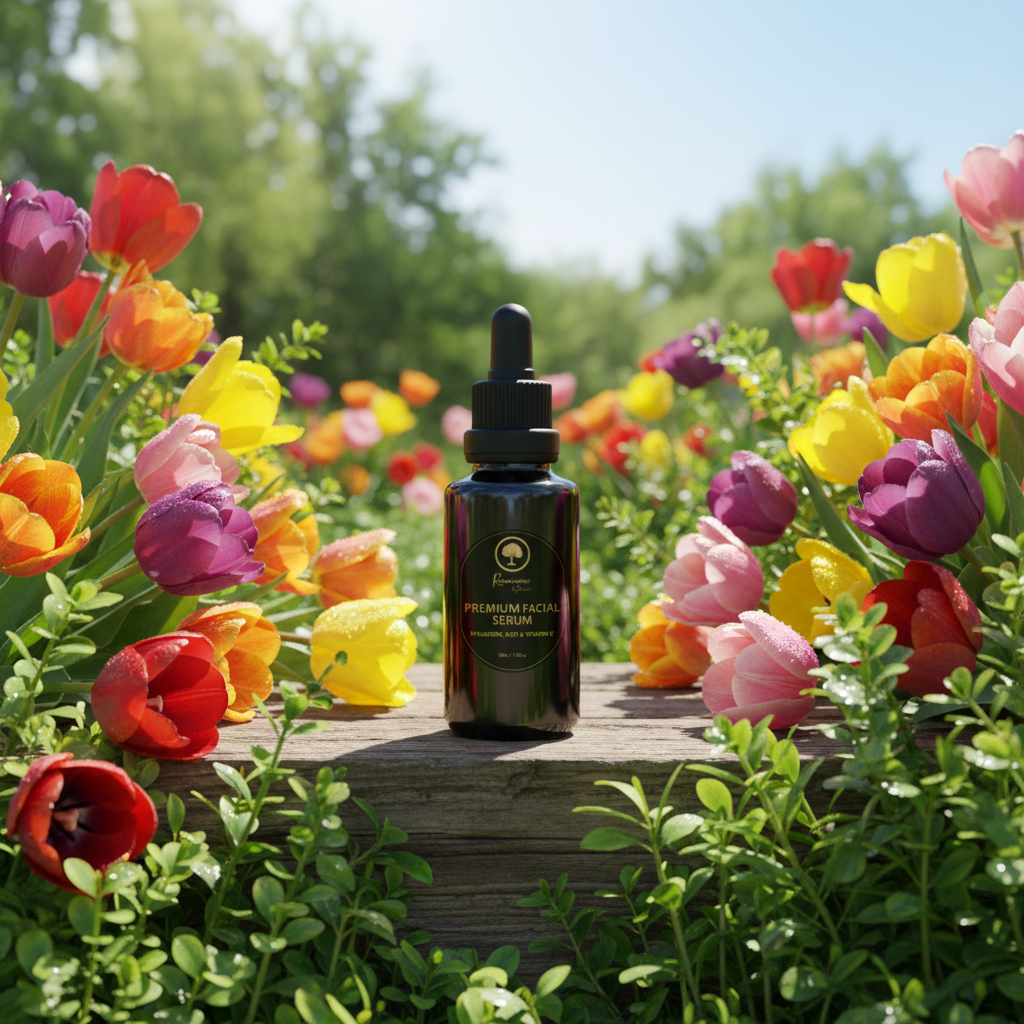 Renaissance-Premium-Facial-Serum---Hyaluronic-Acid-&-Vitamin-C-outdoors surrounded by tulips 1.png