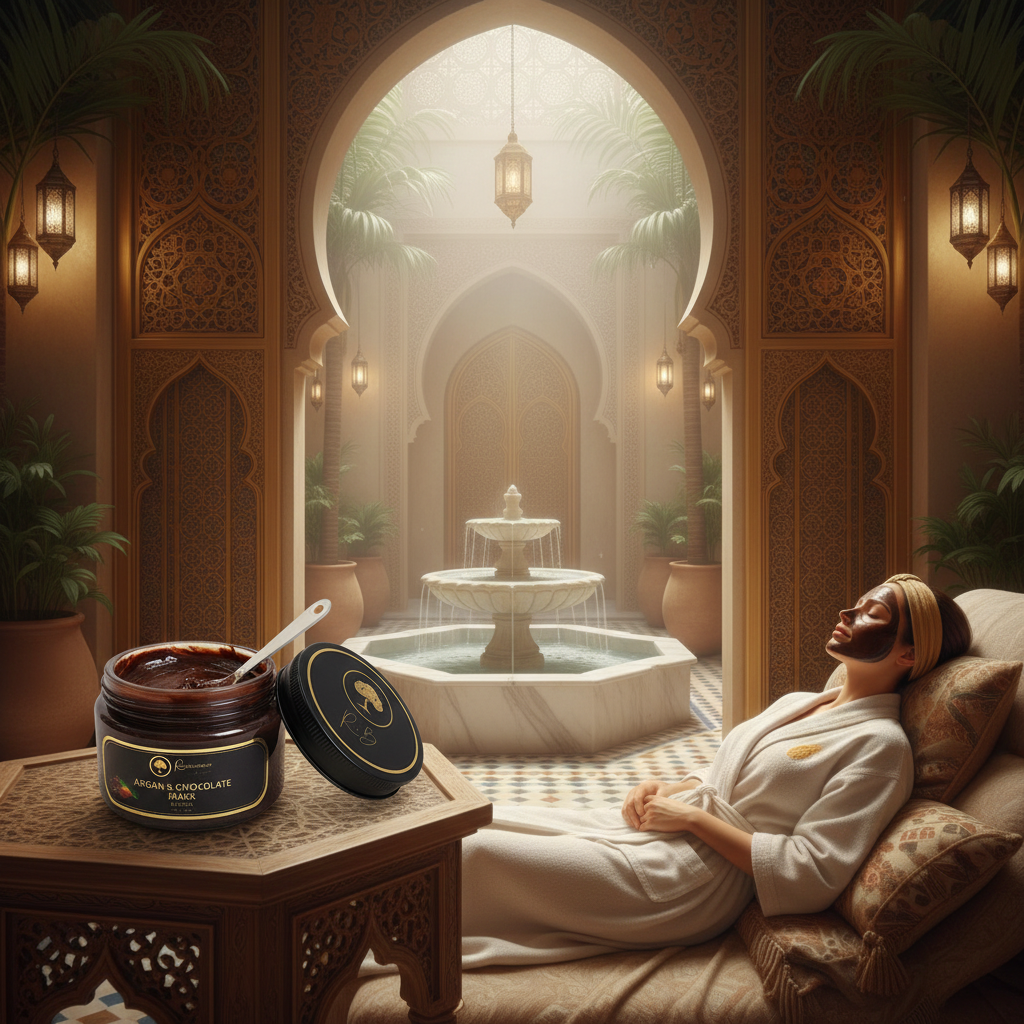 Argan-and-Chocolate-Mask model in a morrocan spa reclined 1.png