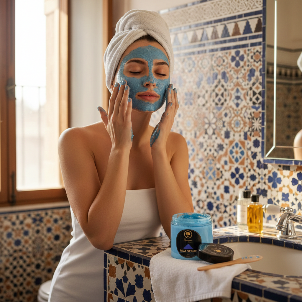 Renaissance-de-Beaute-Nila-Scrub-with-Argan-Shell-Powder model applying scrub to face.png