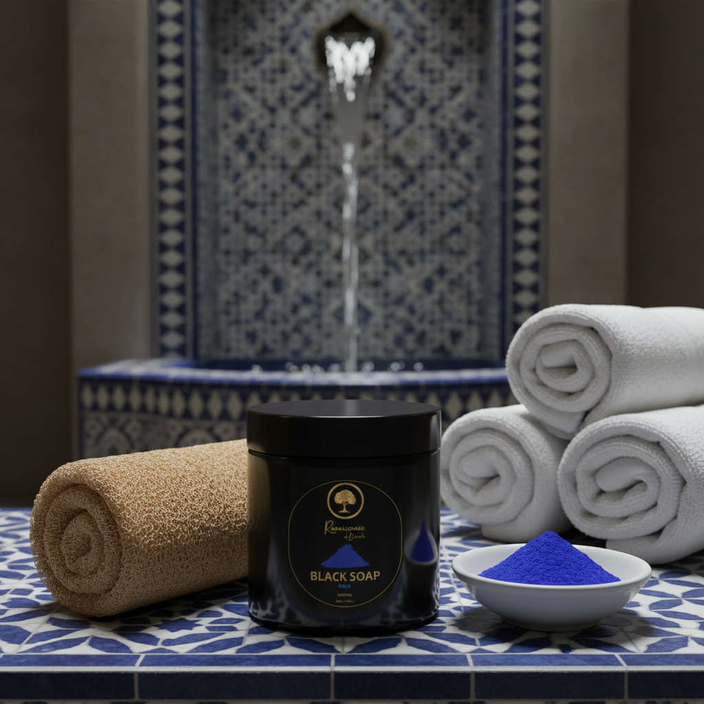 Renaissance-de-Beaute-~-Nila-Black-Soap open jar in a hammam on a fountain nila and towels 1.png